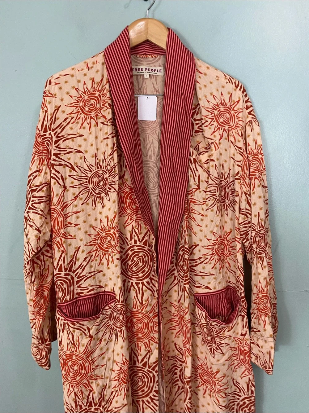 Free People Wild Nights Duster Celestial Sun Print Beige Red Orange Medium